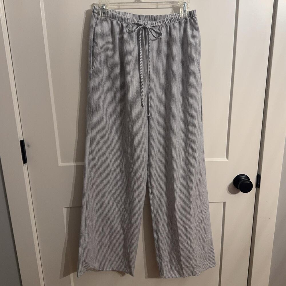 Sienna Sky Pants Sz L Blue Striped Wide Leg Drawstring Elastic Waist Travel